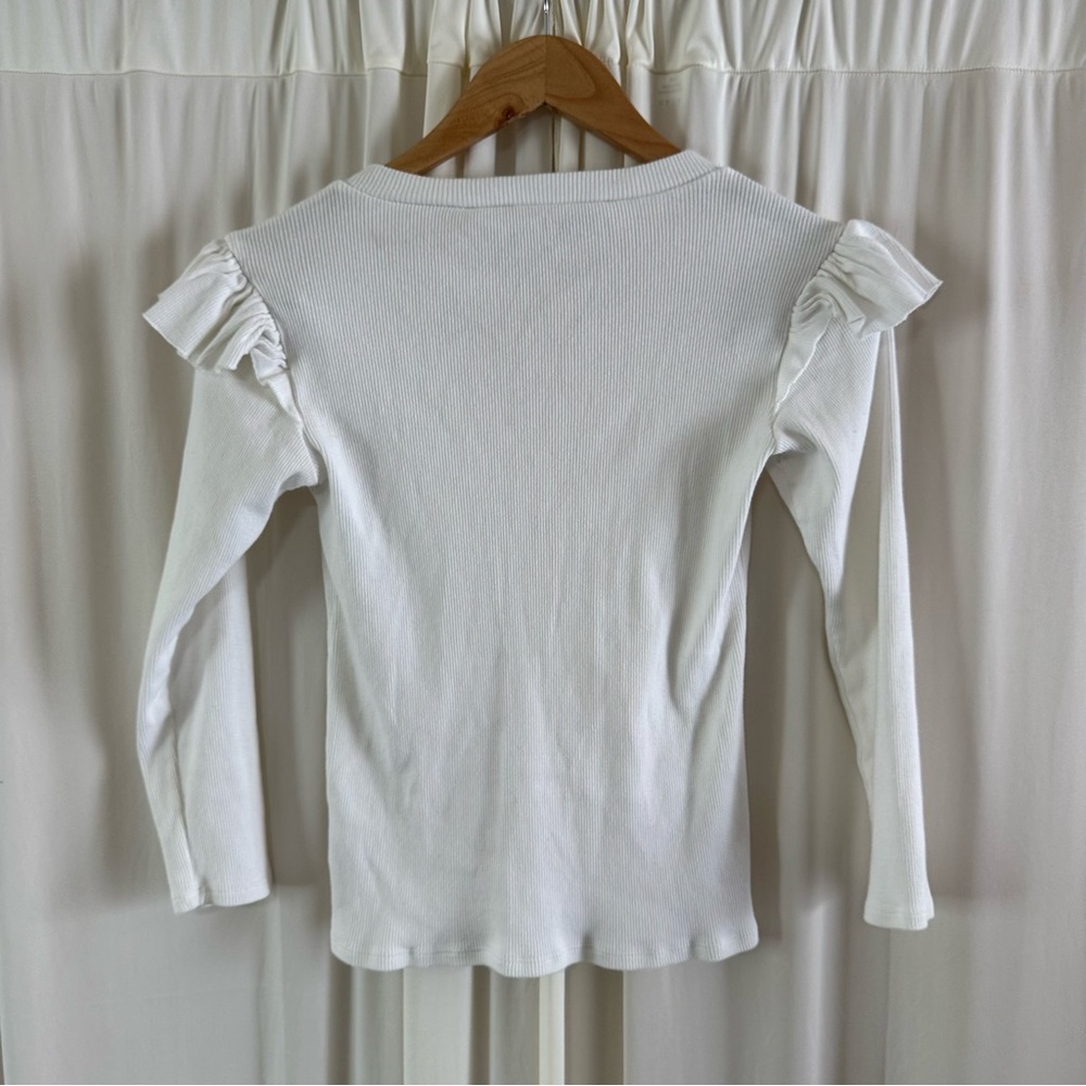 Veronica Beard Selene White Ribbed Knit Ruffled V-Neck 3/4 Sleeve Top XS S - Picture 6 of 7